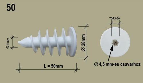 Polisztirol dübel min. 5cm-es szigeteléshez/4.5mm vastag csavarhoz