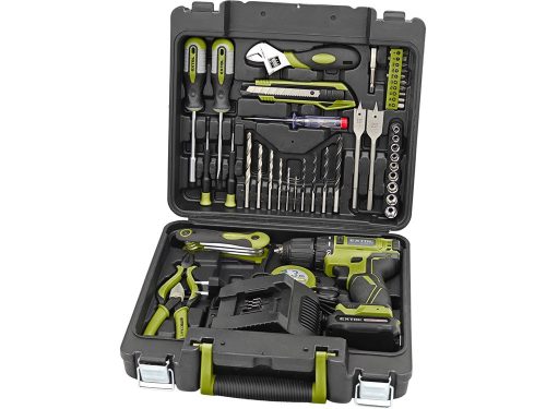 Extol Craft akkus fúrócsavarozó, 12V, Li-ion, szénkefe mentes, 1db 2000 mAh akku + 46 db szerszámkészlet