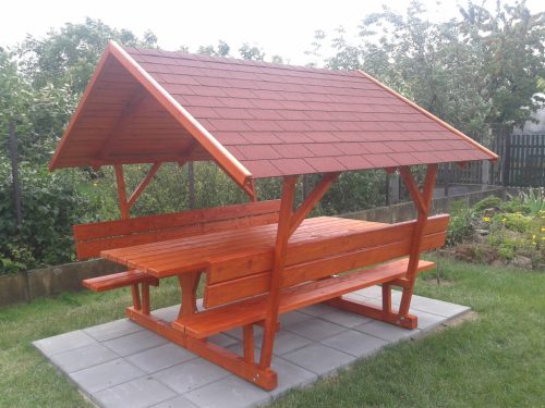 Tízszemélyes zsindelytetős kerti pad/Sörpad/